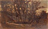 forest scene, fallen tree in foreground and house in background by Edward Mitchell Bannister